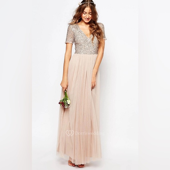 Maya Deluxe Sequin Tulle Evening Wedding Bridesmaid Prom Princess Sparkle Beige - Picture 10 of 11